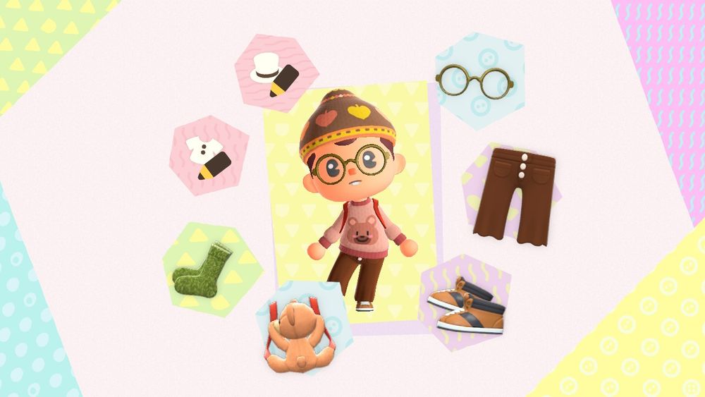 Animal Crossing New Horizons resident wearing a custom sweater with a bear and a custom knit cap with autumn colors