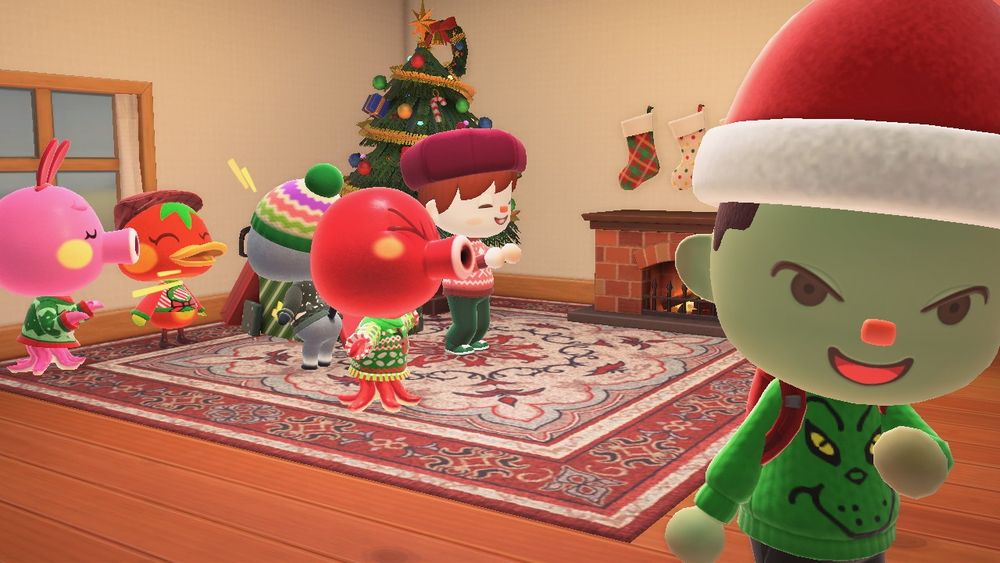 Animal Crossing New Horizons resident cackling out of sight of others having a Christmas party 