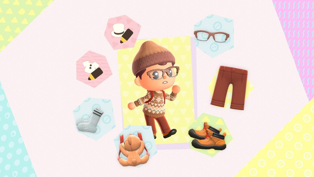 Animal Crossing New Horizons resident wearing a custom sweater with fall colors and a custom knit cap with autumn colors 