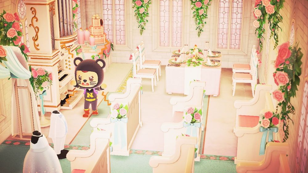 Animal Crossing New Horizons resident being silly at a wedding 