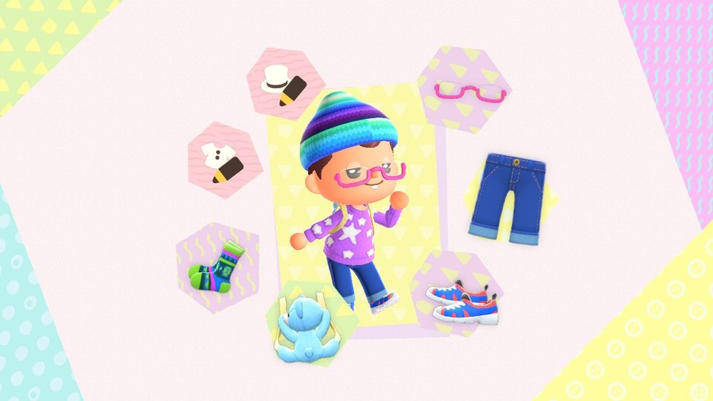 Animal Crossing New Horizons resident wearing a custom purple sweater with stars and a custom multicolor knit cap