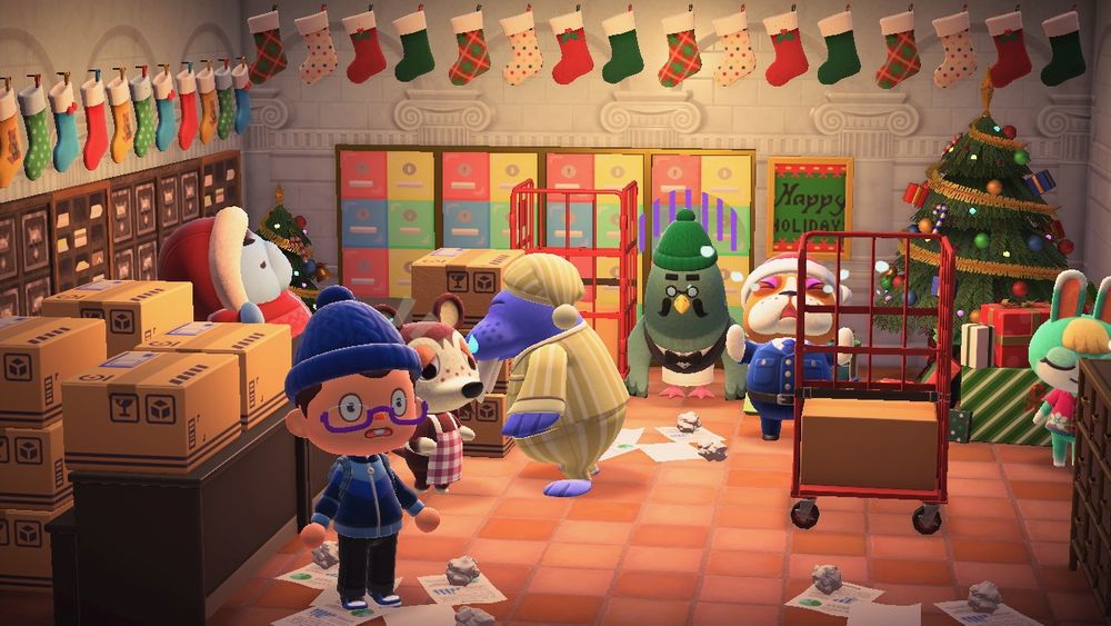 A chaotic holiday post office in Animal Crossing New Horizons 
