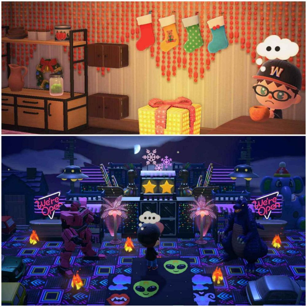 Collage style image of an Animal Crossing New Horizons resident drinking egg nog and waking up in a strange place.