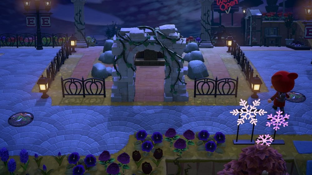 Animal Crossing New Horizons resident running past an unusual entrance to a temple
