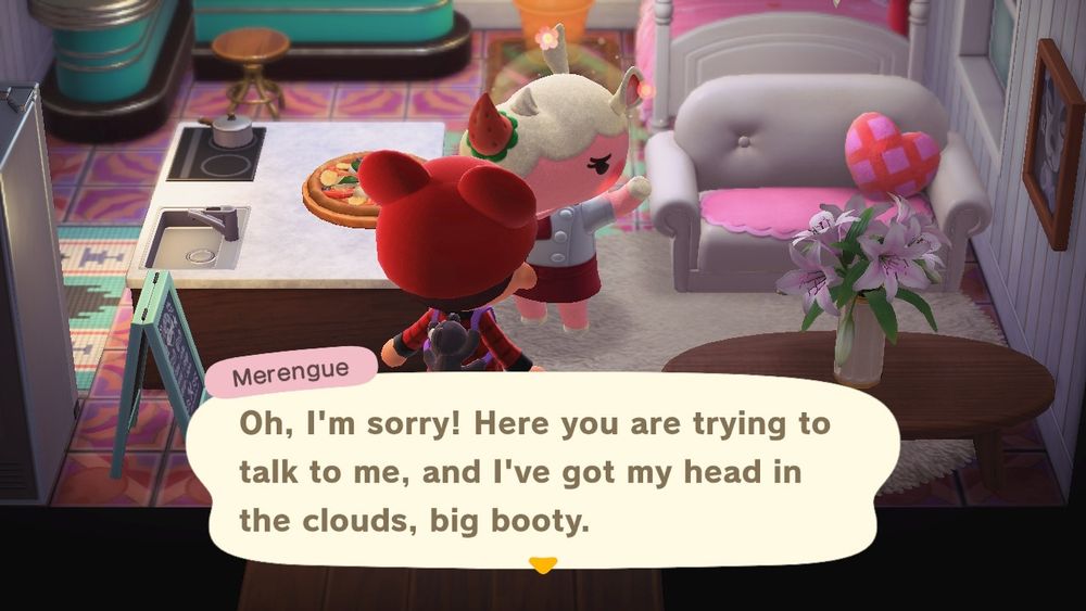 Animal Crossing New Horizons talking with Merengue 
