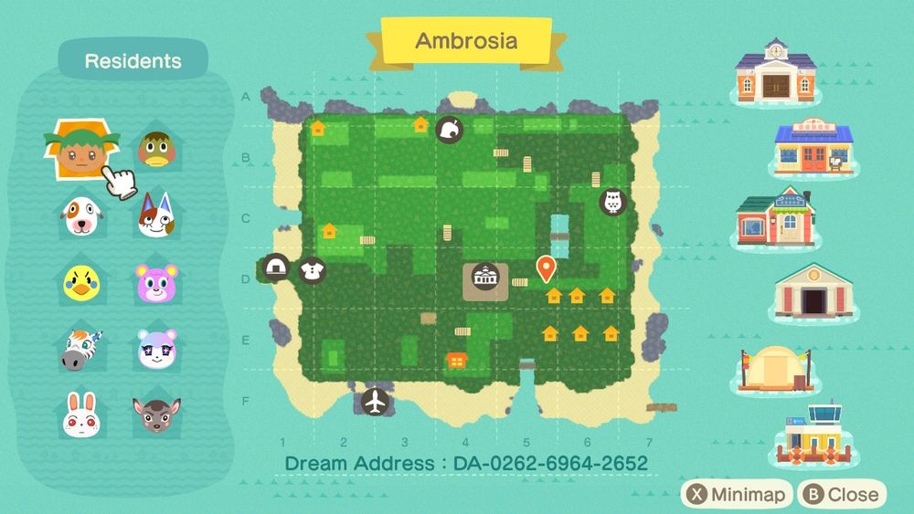 Animal Crossing New Horizons map of the island of Ambrosia. Dream Address is DA-0262-6964-2652