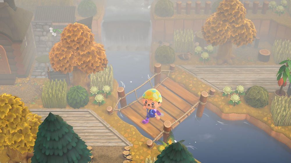 Animal Crossing New Horizons resident running across a bridge 