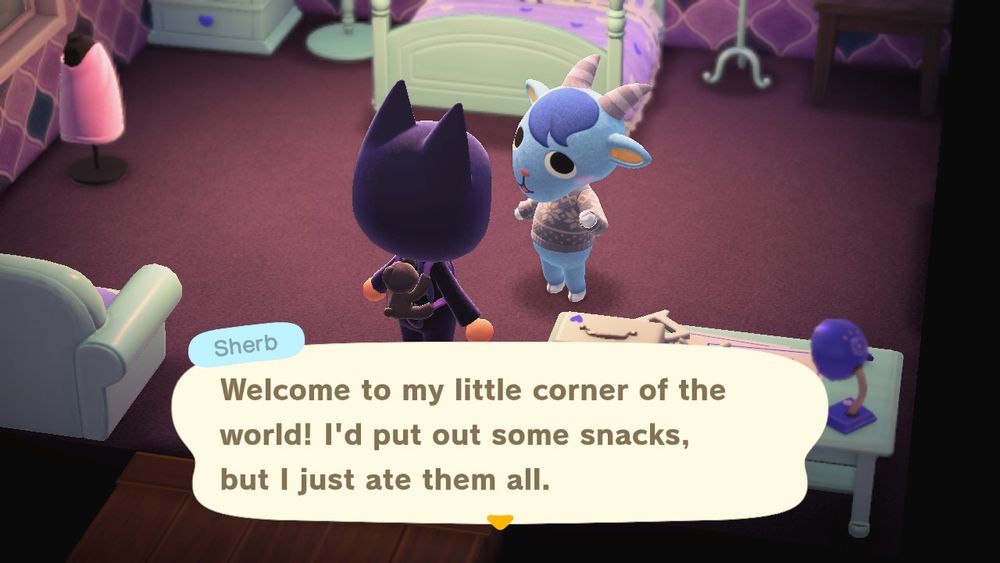 Animal Crossing New Horizons resident talking with Sherb