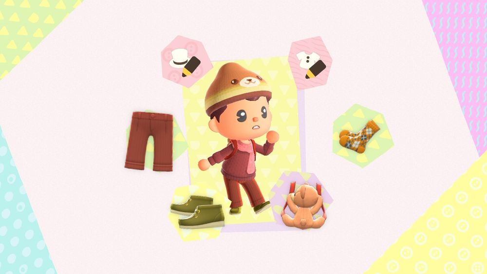 Animal Crossing New Horizons resident wearing a custom light brown sweater with pink scarf and custom brown knit cap with a bear face 