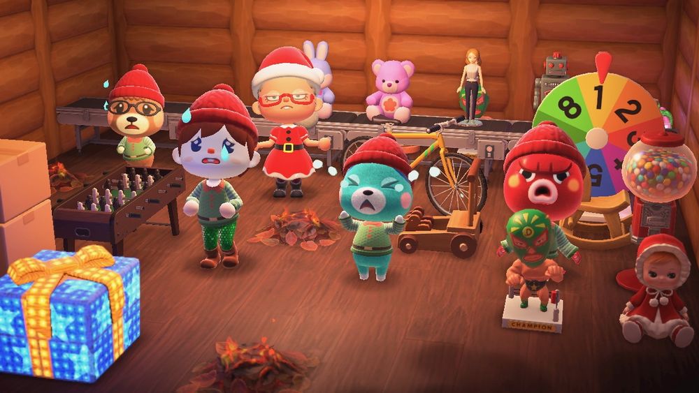 Animal Crossing New Horizons characters dressed as elves crying while everything burns and Mrs. Claus shrugs