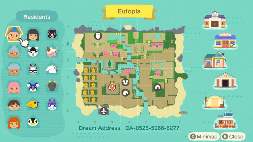 Animal Crossing New Horizons map of the island of Eutopia. Dream Address is DA-0525-5966-6277