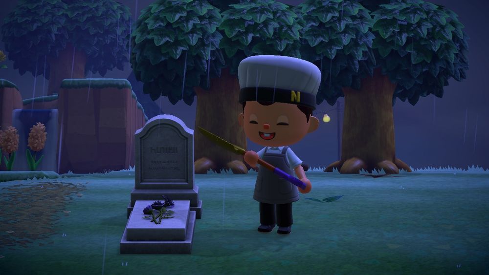 Animal Crossing New Horizons resident standing near A grave with a shovel