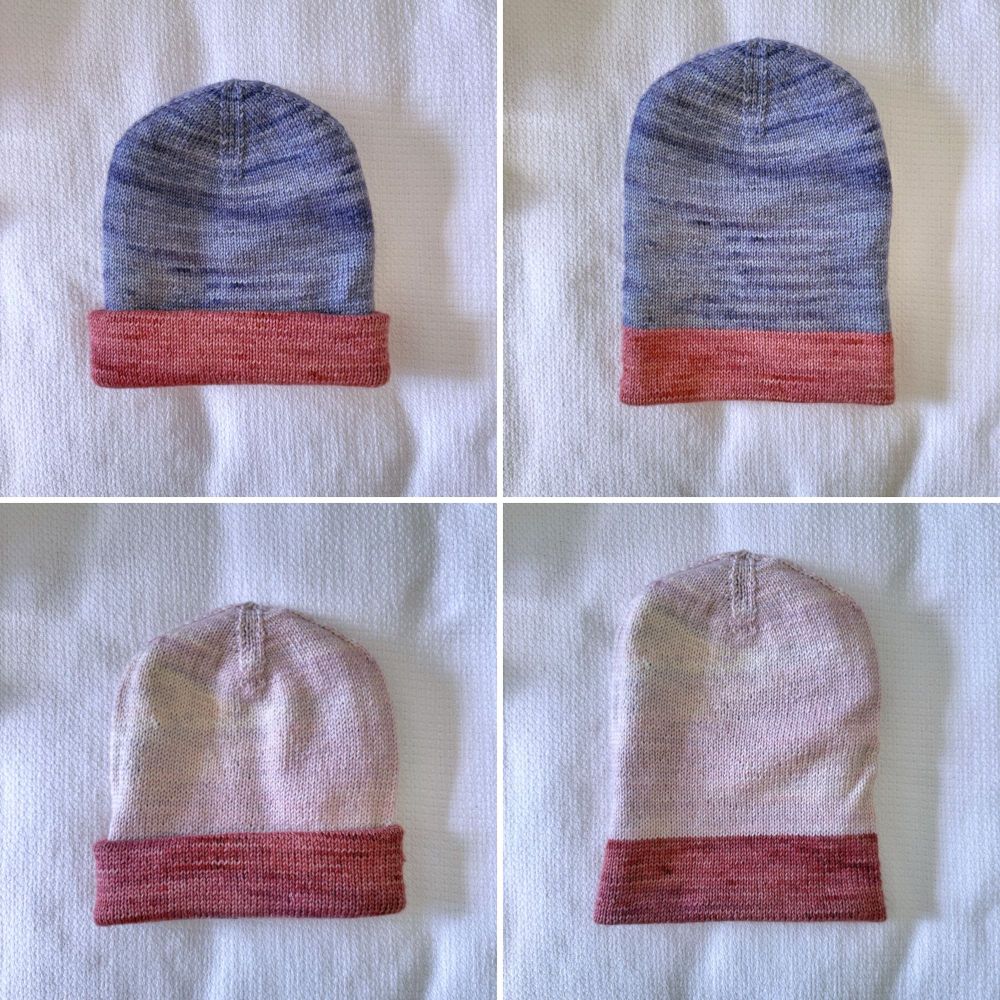 A handknit tri-color wool hat shown in a four photo collage. Blue side out with mauve edging folded and unfolded. Pale pink lavender side out with mauve edging folded and unfolded. Fabric has a little darker color pooling in each section giving it a subtle swirly movement.