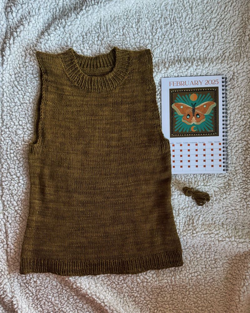 [Semi-solid deep olive green tank top with a mock neck next to a small amount of yarn remaining and the open page of a spiral-bound notebook to artwork of a luna moth.]