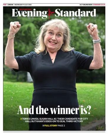 Susan Hall, would-be Tory London Mayor, gurning on the cover of the Evening Standard newspaper during the London mayoral campaign 