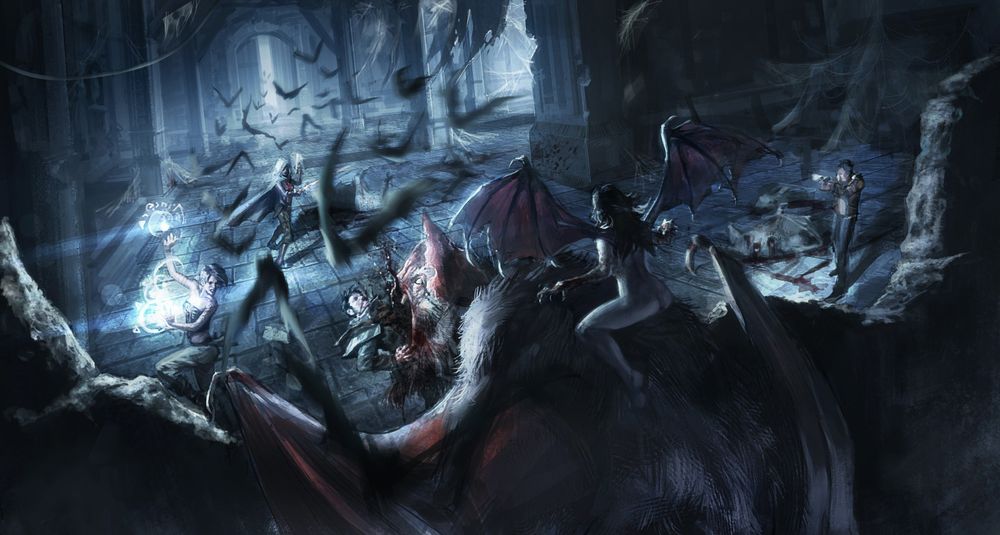 succubus riding a giant bat fighting modern warriors in an old gothic castle
