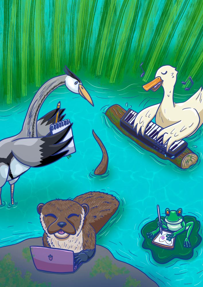 Ilustración digital que muestra un grupo de animales participando en una game jam en la ribera de un río. De arriba a abajo y de izquierda a derecha:
- Una garza con el rol de narrativa y diseño, escribiendo ideas en una libreta
- Un pato blanco componiendo canciones sobre un teclado MIDI apoyado sobre un tronco
- Una nutria programando en su pequeño portátil lila, apoyado sobre una roca
- Una rana artista sentada sobre una hoja de nenúfar dibujando un corazón en su tablet
Predominan los colores turquesas y verdes