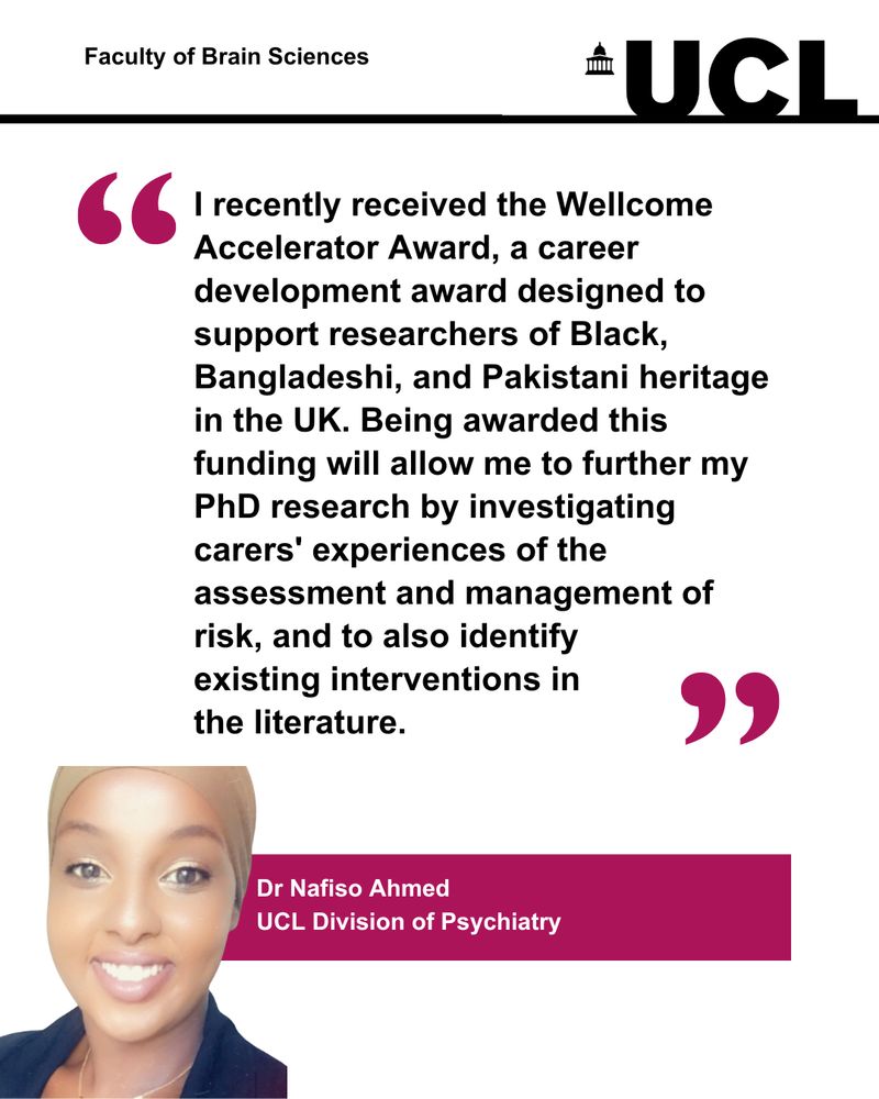 Read: I recently received the Wellcome Accelerator Award, a career development award designed to support researchers of Black, Bangladeshi, and Pakistani heritage in the UK. Being awarded this funding will allow me to further my PhD research by investigating carers' experiences of the assessment and management of risk, and to also identify 
existing interventions in 
the literature.