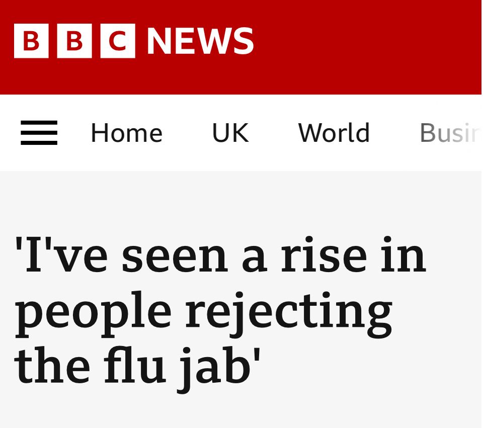 BBC News headline “I’ve seen a rise in people rejecting the flu jab”