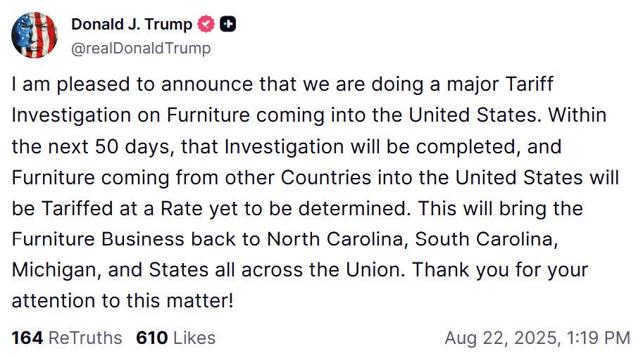 Truth Social post from President Trump announcing a major tariff on all imported furniture.