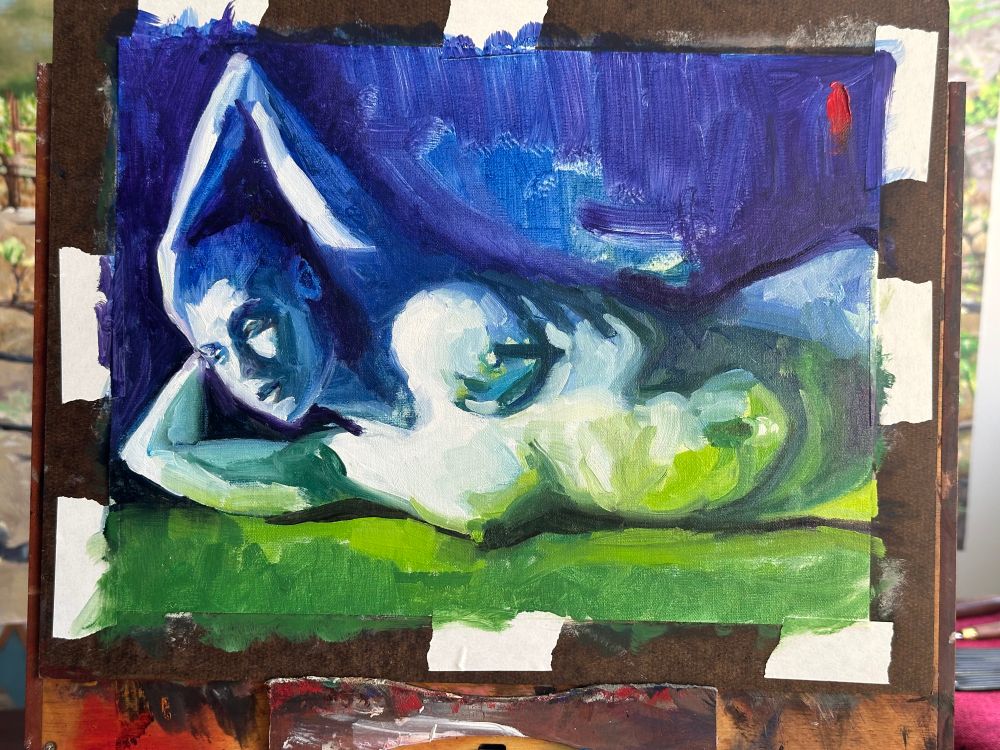 An alla prima portrait of a nude woman lying on her side in shades of blue and green.