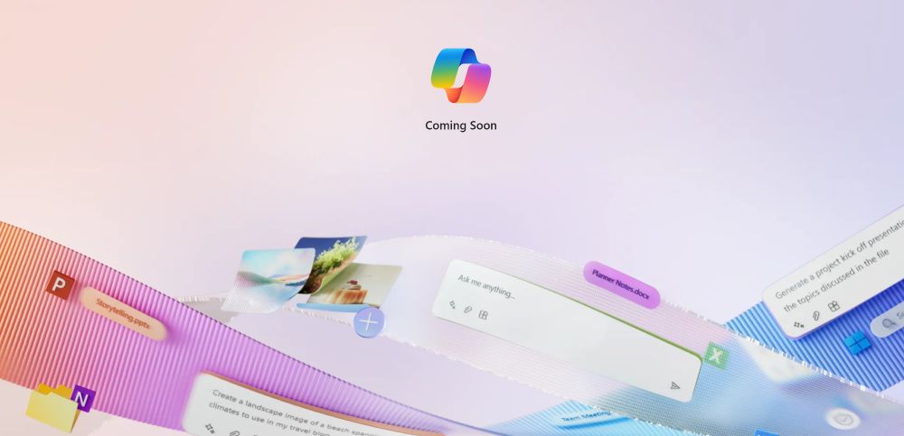 A "coming soon" screen for Microsoft 365 Copilot with a bunch of text boxes that look warped and pixellated in crazy ways saying things like "generate a powerpoint presentation from the contents of this document" (the product doesn't exist yet)