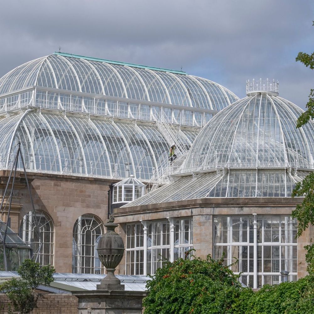 Exterior view of the newly restored Palm Houses at the Royal Botanic Garden Edinburgh.