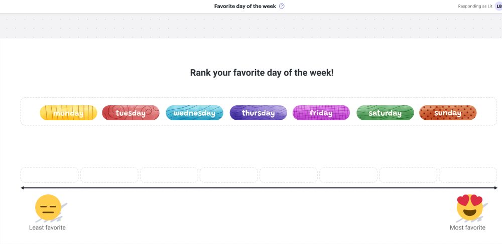 Screenshot of the Lucid activity titled "Favorite day of the week!" where users can rank the days of the week. The days of the week are colorful buttons below which is a slider showing "Least favorite" on the left with a sad face emoji and "Most favorite" on the right with a heart eyes emoji. 