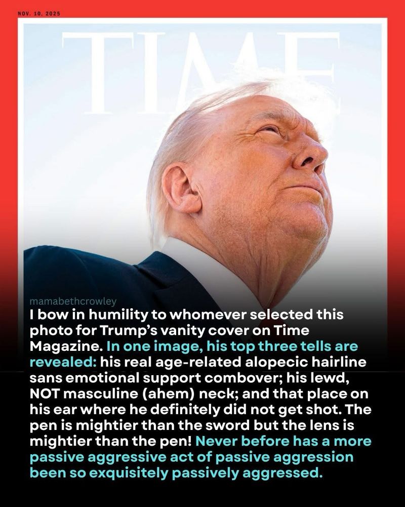 Time Magazine cover with a picture of an asshole (D. Trump). And an added text from a commenter: 

« I bow in humility to whomever selected this photo for Trump's vanity cover on Time Magazine. In one image, his top three tells are revealed: his real age-related alopecic hairline sans emotional support combover; his lewd, NOT masculine (ahem) neck; and that place on his ear where he definitely did not get shot. The pen is mightier than the sword but the lens is mightier than the pen! Never before has a more passive aggressive act of passive aggression been so exquisitely passively aggressed. »