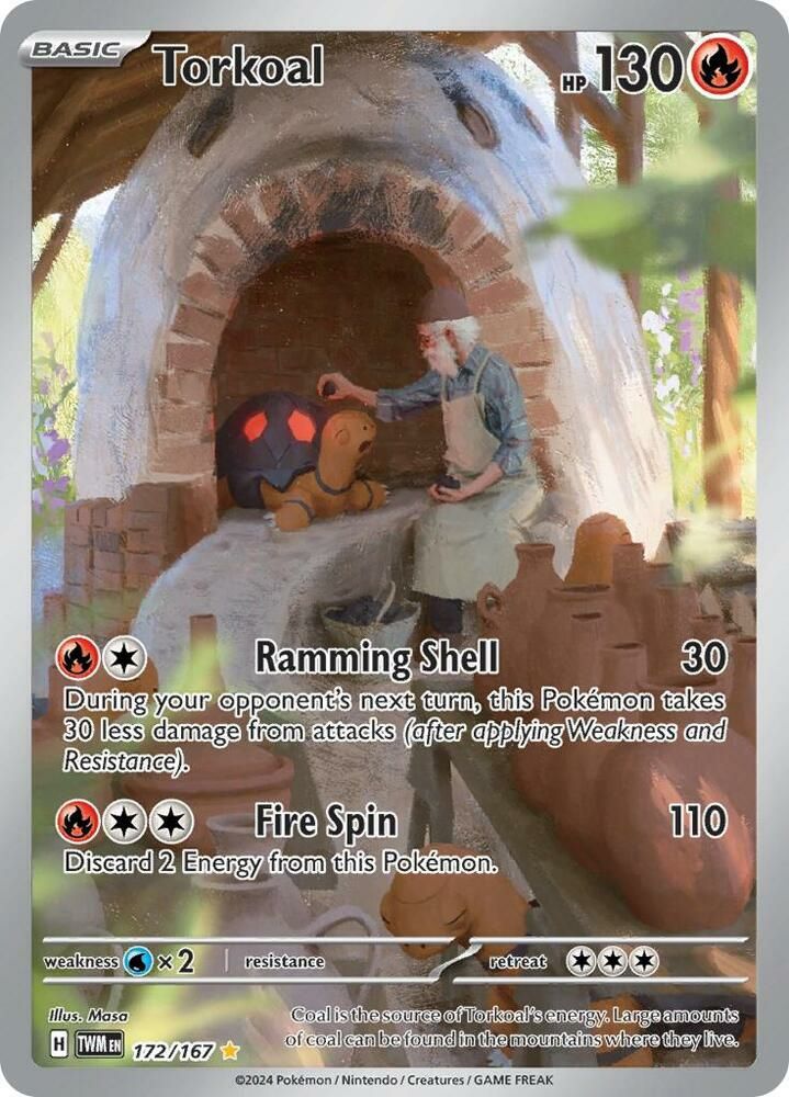 Pokemon card depicting two Torkoal and an elderly man working a pottery kiln. 