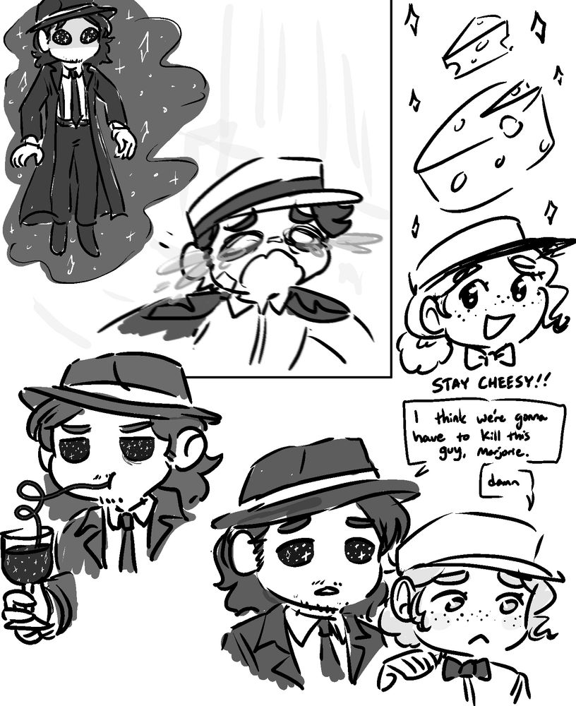 various doodles and meme redraws of shadows over loathing OCs marjorie and leon, and an appearance of my own OC casseus. from the upper left: a redraw of the "floating boy chasing running boy" meme, of leon hovering surrounded in shadow magic, while casseus frantically runs away. upper right, a marjorie with a cheese wheel and slice above her, with a big enthusiastic smile. text reads, "stay cheesy!". lower left, leon drinking a glass of shadow wine with a silly straw. lower right, leon and marjorie as hausofdecline's "i think we're gonna have to kill this guy" meme. 