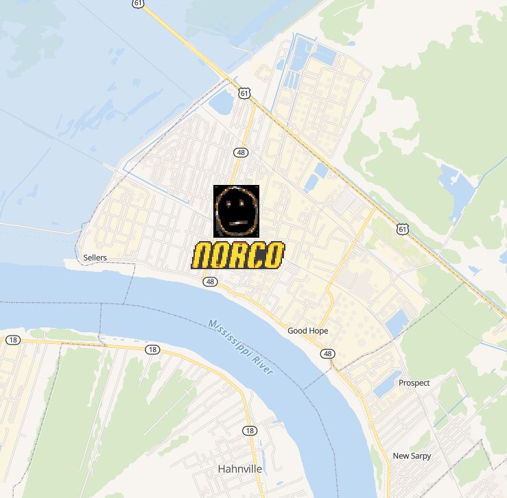 screenshot of wplace.live. norco fanart. a limited palette pixel art rendition of kay madere's portrait icon, along with the norco (2022) logo over norco (the location), this time zoomed out to show more of the map.