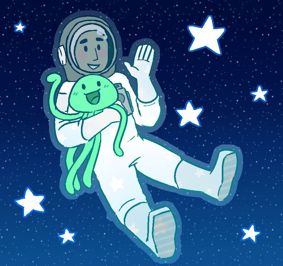 a color drawing of rhythm heaven megamix characters translator tom and the martian. the two are waving at the viewer. the background is a dark blue star gradient, with the stars from night walk (gba) surrounding them. there is a subtle starry overlay on translator tom's space suit.