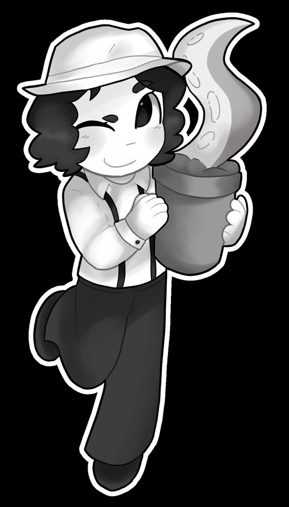 a full body drawing of my shadows over loathing OC, jazzmine. she is holding her potted tentacle plant in two hands.