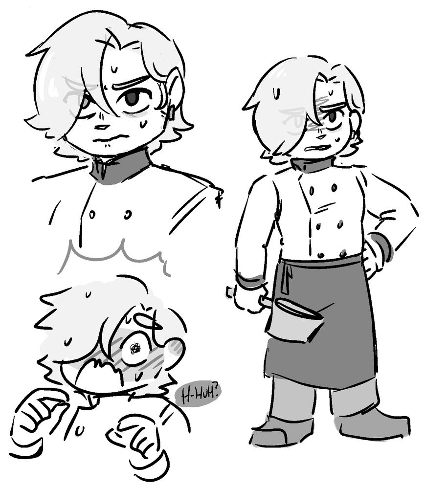 various doodles of my kingdom of loathing OC, basil. on the right is a full body drawing, where he is wearing a chef's uniform and is holding a sauce pan. on the left are two bust shots, one of which where he looks extremely stressed out and the other in which he is very flustered and blushing brightly. 