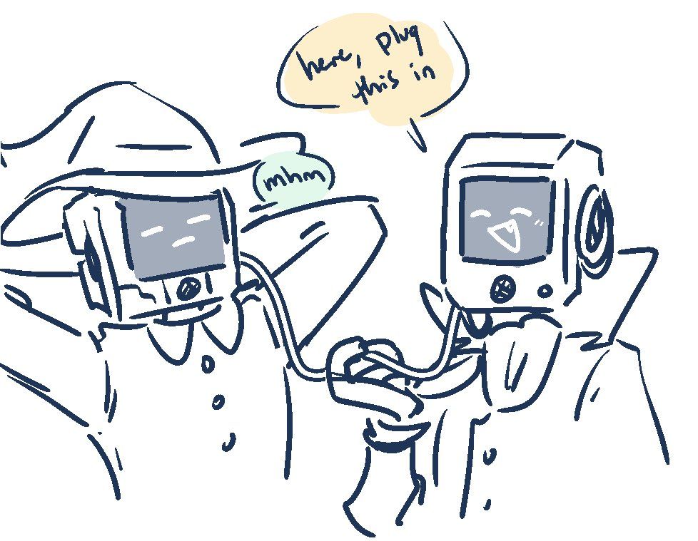 panel one of a two panel comic. in-costume pilcrow, right, is handing in-costume juniper a power cord connected to their monitor. juniper, left, is reaching behind her head to plug it in, per their request. 