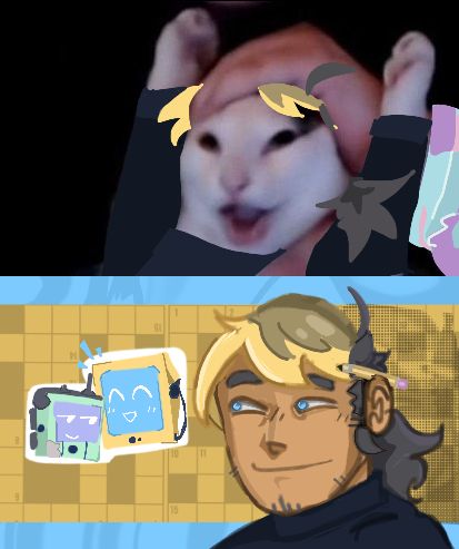 a two-part image. top image shows a paint-over of a black and white cat, with a human hand holding its head/ears back, and its paws are up. the paint-over shows human AU pilcrow's hair on the cat, and juniper's sleeve on the human. below is a colored bust drawing of human AU pilcrow, with small bust doodles of default pilcrow and juniper to the left. the background has a patterned sky blue frame around a crossword puzzle with a gold-yellow filter over it. 
