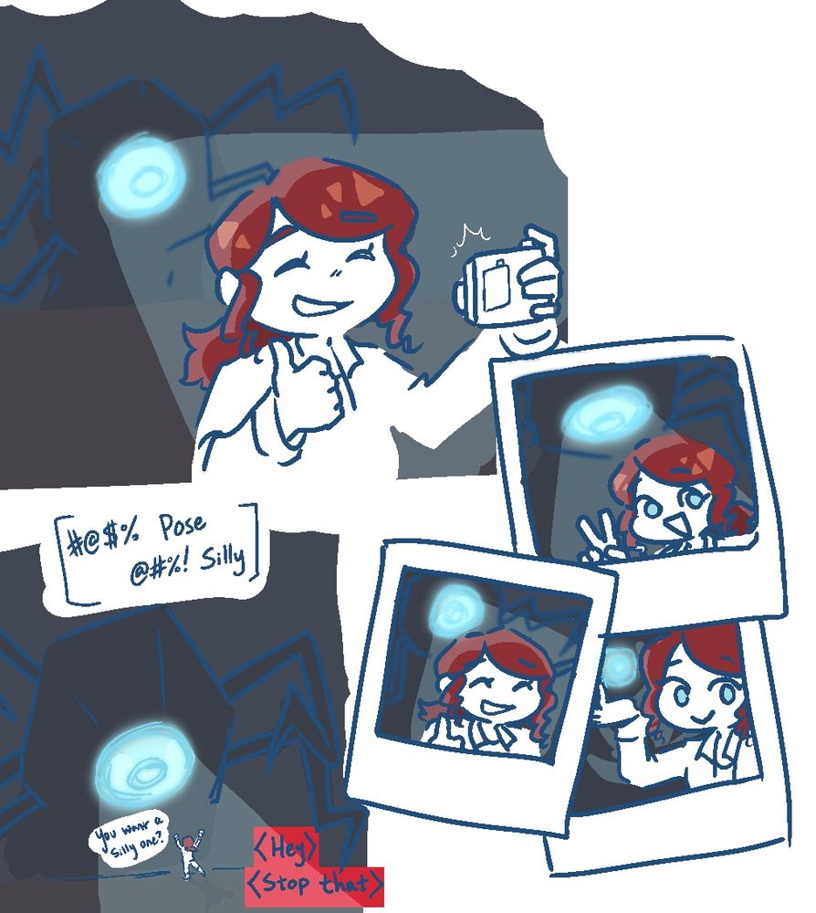 doodle of jesse faden and former from the game control. top left: jesse taking a selfie with a polaroid camera while former, a giant monster, looms in the background. right: various polaroids of jesse posing with former. bottom left: former looming over jesse with garbled dialog, the only words distinguishable are "pose" and "silly". jesse, very small compared to the towering former, replies "you want a silly one?" text off to the side, from the board, reads "hey. stop that." 