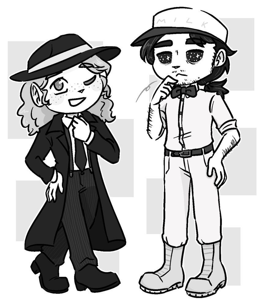 drawing of shadows over loathing OCs marjorie and leon, in swapped outfits. marjorie is posing confidently and stylishly in the dark trench coat outfit, while leon seems a little more deadpan about their white/light gray uniform. 