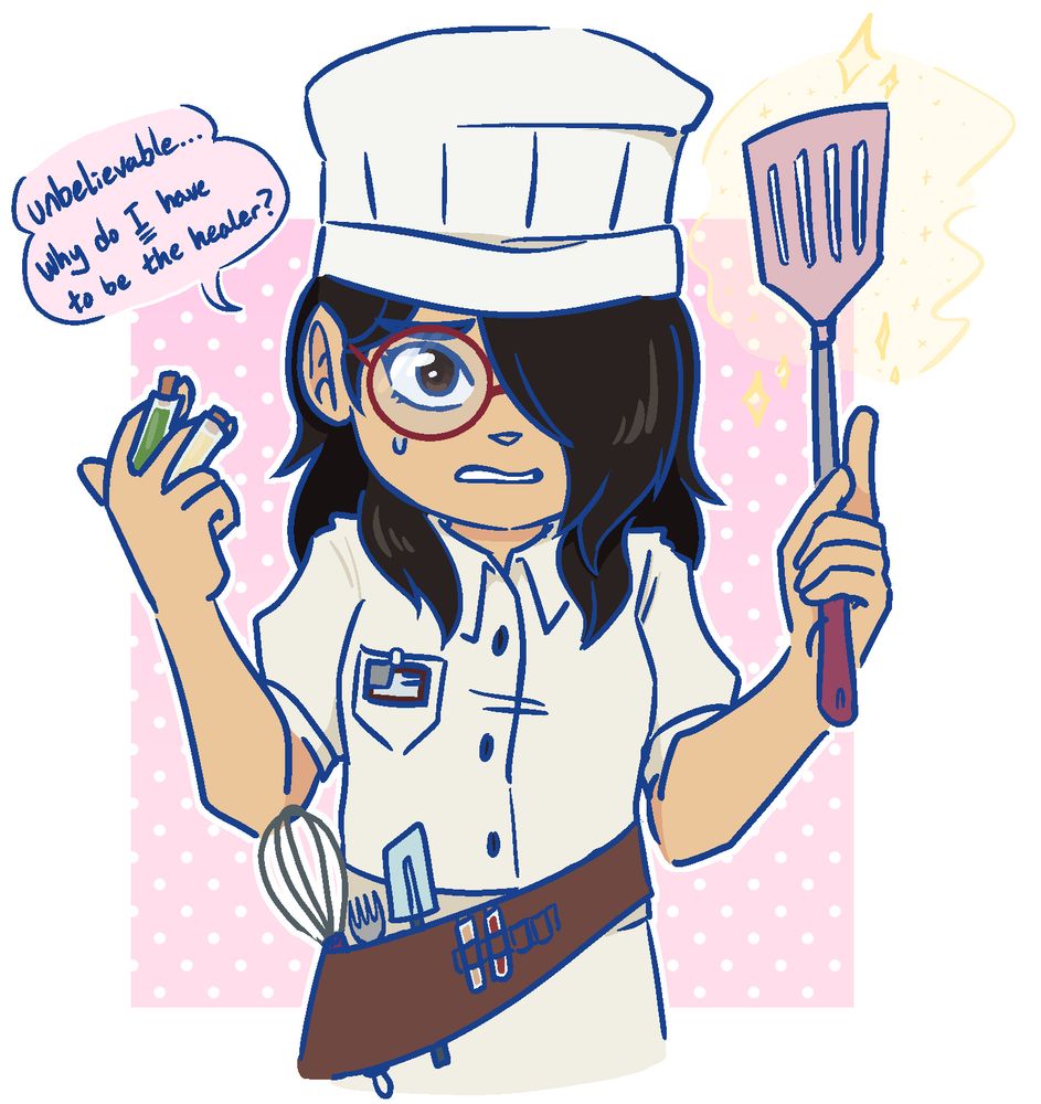drawing of a shadows over loathing cheese wizard OC. she is wearing a chef's uniform, has dark hair over one eye and glasses. she is grimacing as she wields a spatula and two small vials of spices. dialog reads, "unbelievable... why do i have to be the healer?" 