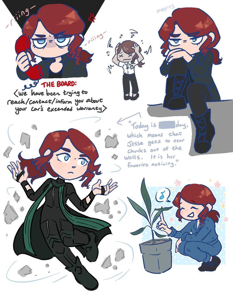 various doodles of the character jesse faden from remedy's control. from the upper left: a doodle of her on the hotline phone receiving a call from the board. a doodle of her in the office assistant outfit, looking frazzled. moping. a dynamically posed drawing of her in the asynchronous suit, surrounded by fragments of concrete, with the text "today is [redacted] day, which means that jesse gets to tear chunks out of the wall. it is her favorite activity". then a doodle of her crouched next to and singing to a potted plant.