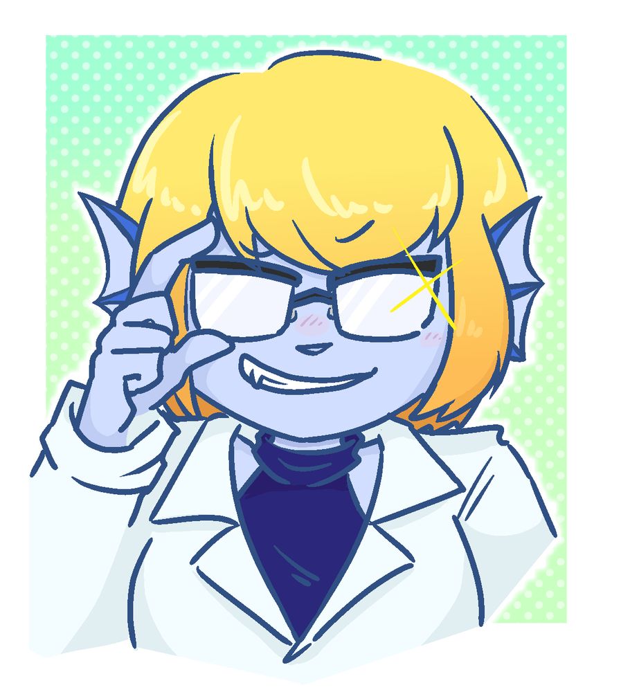 drawing of a character with short gold hair, big glasses, and a lab coat. she has a big mischievous grin on her face as she adjusts her glasses. the background is green with a polka dot pattern. 
