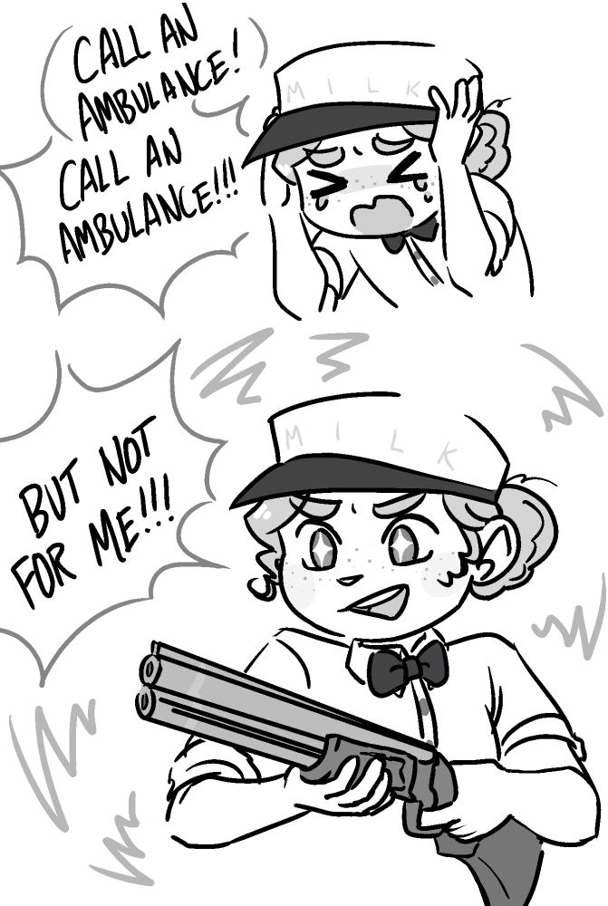 two panel comic of shadows over loathing OC marjorie. panel one shows her cowering with her hands at her head, shouting "call an ambulance! call an ambulance!". in panel two she is holding a shotgun, boldly continuing with "but not for me!" 
