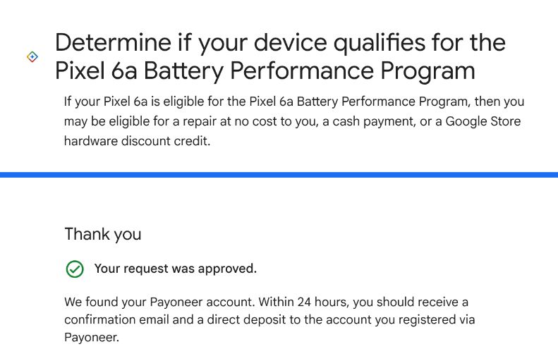 Screen capture with a request aproved message from the Google battery performance program for the Pixel 6a.