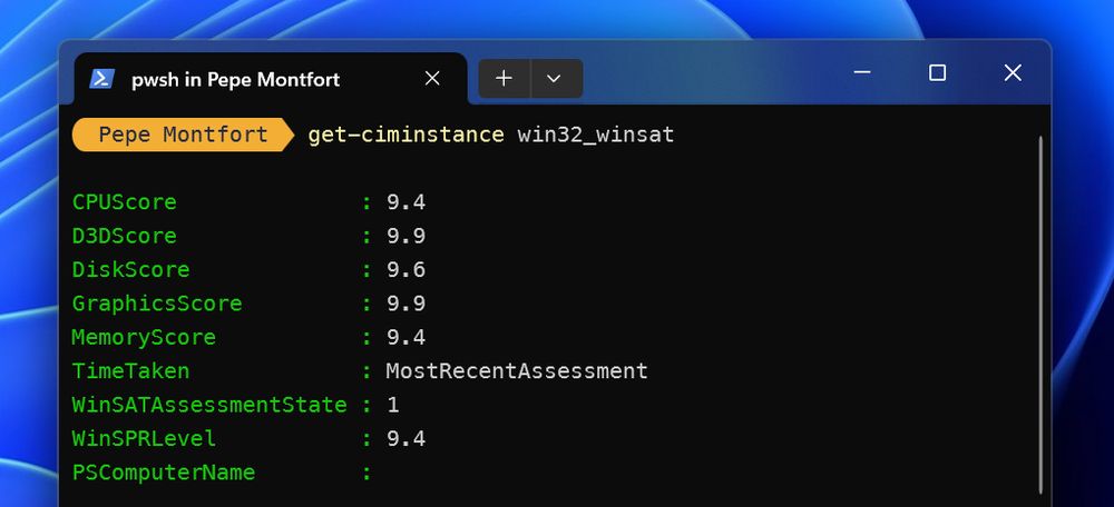 Screenshot. A PowerShell terminal showing my PC's Windows Experience Index (WEI) score. CPUScore 9.4, D3DScore 9.9, DiskScore 9.6, GraphicsScore 9.9, MemoryScore 9.4, WinSPRLevel 9.4