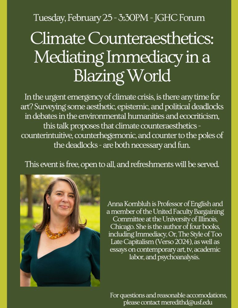 University of South Florida Humanities and Cultural Studies lecture Tuesday 3:30pm "Climate Counteraesthetics"
