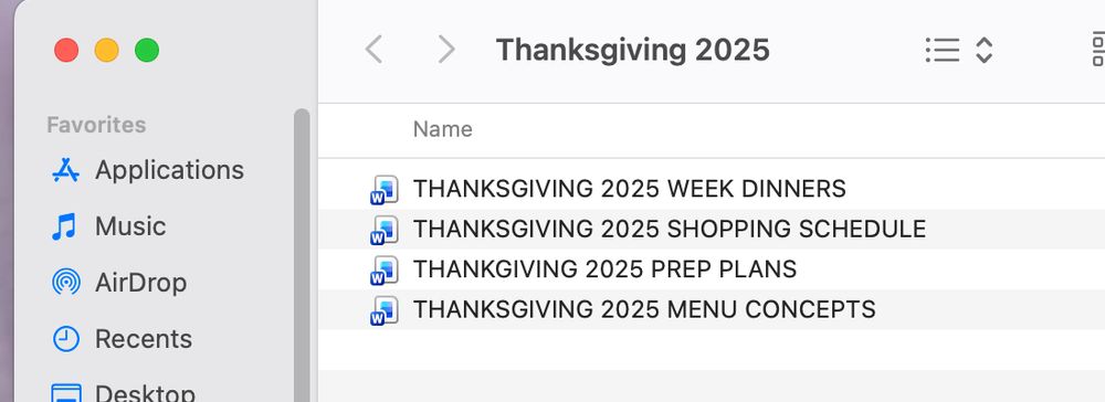 word docs for thanksgiving menu, prep, shopping, week of dinners
