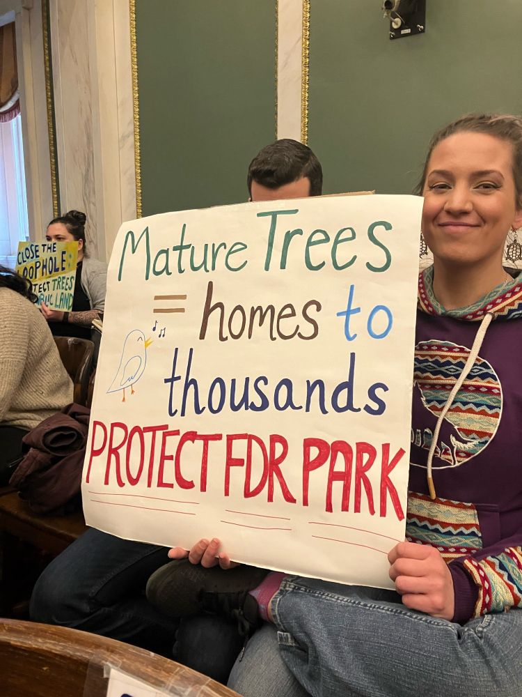 Philadelphia residents with signs at Council's March 5, 2024 Tree Bill hearing: "Close the loophole / Protect trees on public land" and "Mature Trees = homes to thousands / Protect FDR Park"