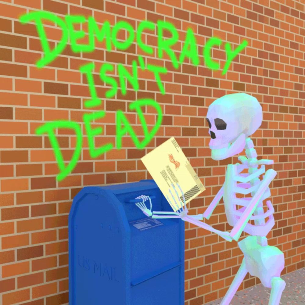 a skeleton is putting an envelope into a u.s. mailbox in front of a brick wall