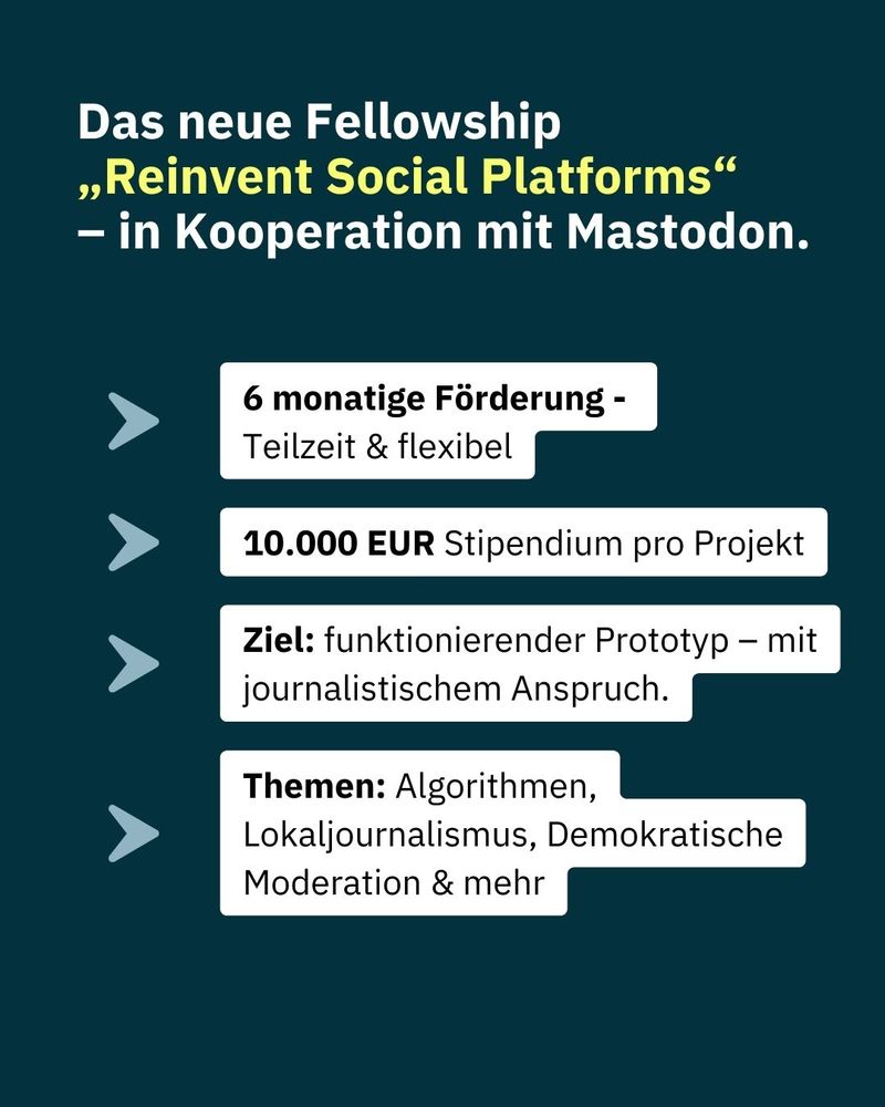 Das neue Fellowship "Reinvent Social Platforms" - in Kooperation mit Mastodon:
- 6 monate Förderung
- 10.000 EUR Stipendium
- Ziel: funktionierender Prototyp - mit journalistischem Anspruch
- Themen: Algorithmen, Lokaljournalismus, Moderation & mehr